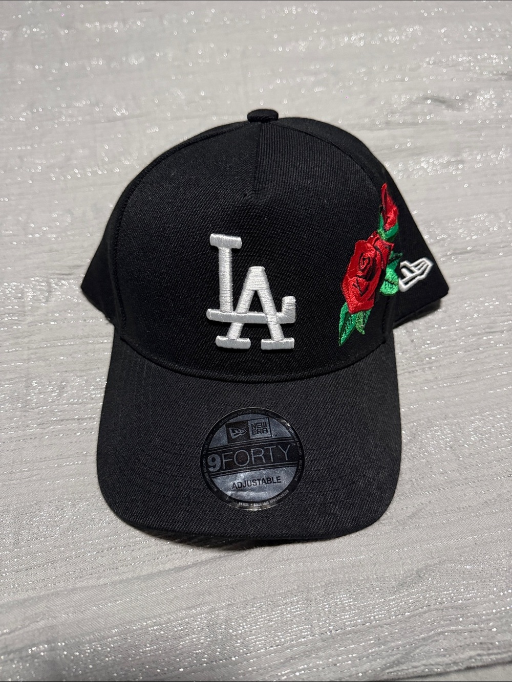 New Era Black LA Dodgers Cap with Red Rose Embroidery